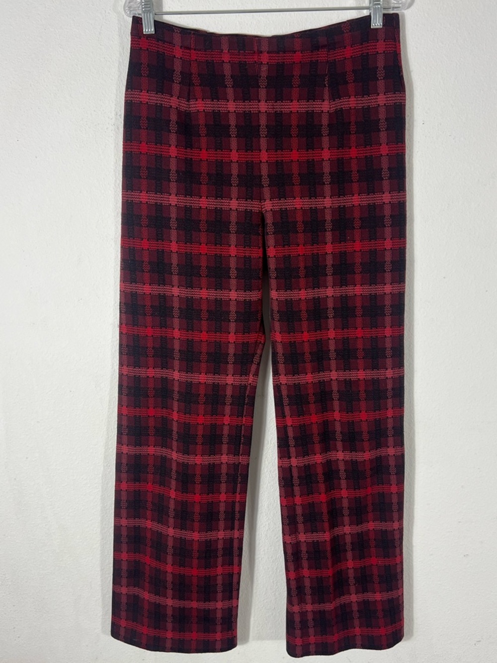 Vintage 70s 80s Red Black Plaid Knit Pants High Rise Straight Leg Grunge Punk